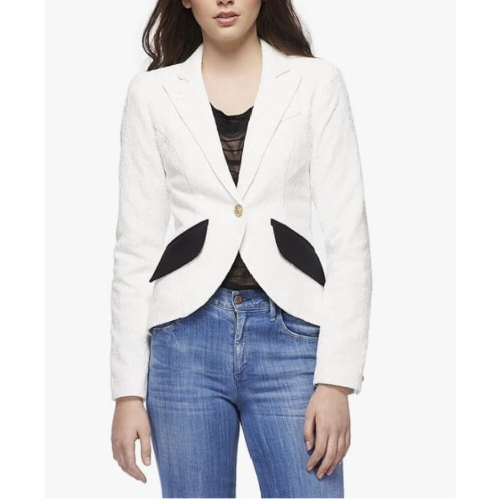 Smythe White Textured Blazer with Black Pocket Accents